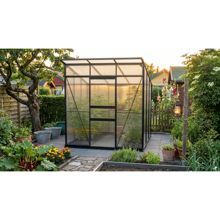 Vitavia Gewächshaus Fokus 4450 mit Pultdach und Schiebetür, schwarz, 3,7 m², Polycarbonat-Platten und Stahlfundamentrahmen - Bild 3
