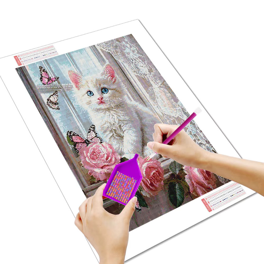 Huacan Diamantgemälde Katze mit Rosen als Diamantmosaik in Mehrfarbig, B/H: 30 x 20 cm - Bild 2