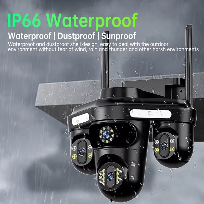 iCsee Intelligente Überwachungskamera mit Dreifachobjektiv und automatischer Verfolgung, IP66 wasserdicht, WIFI Video-Sicherheitskamera in Schwarz - Bild 3