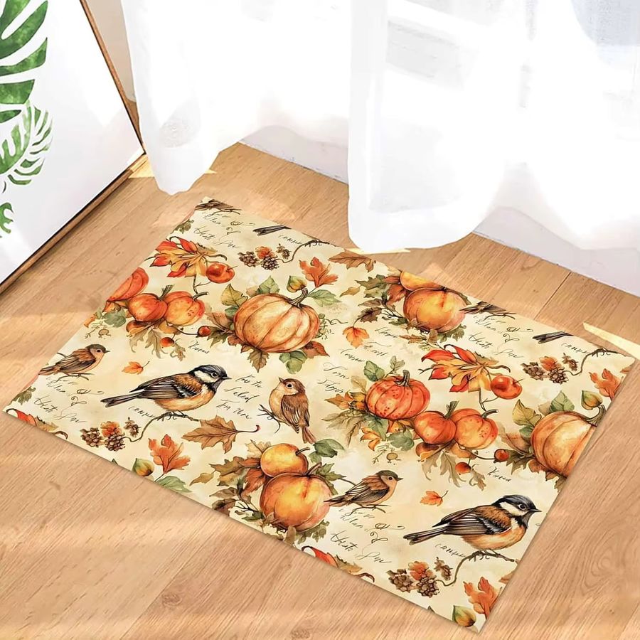 VIKAMA Herbst Fußmatte mit Kürbis, Vogel und Blatt Motiv als Anti-Rutsch Teppich für Eingang, Wohnzimmer oder Balkon - Bild 2