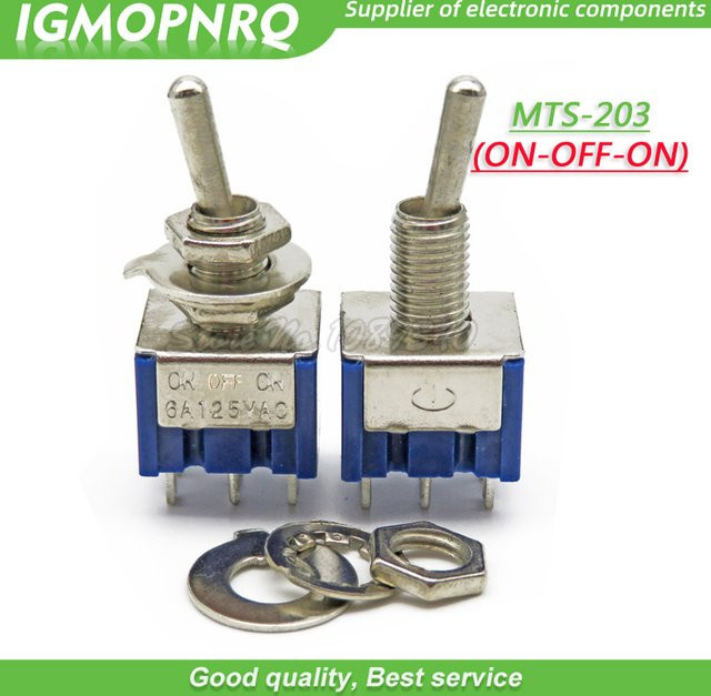 10er Set MTS-203 DPDT Mini Kippschalter 6A 125V AC 6-Pin ON-OFF-ON in Silber, B/T/H: 31 x 13 x 12 mm - Bild 1
