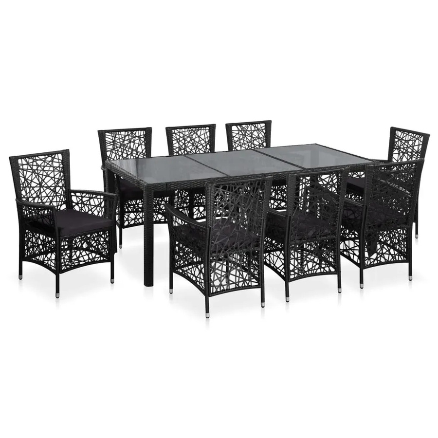 vidaXL 9-tlg. Garten-Essgruppe aus Poly-Rattan mit Stahlrahmen und Hartglas-Tischplatte in Schwarz - Bild 2