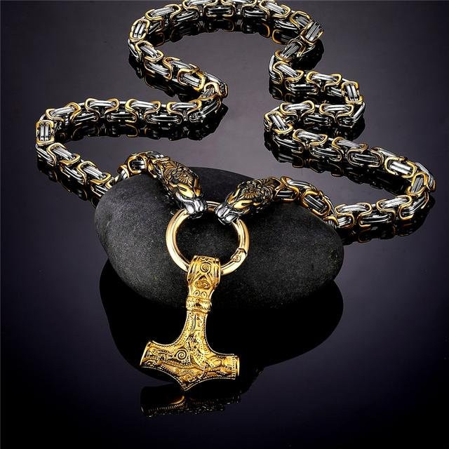 Anhänger Halskette Edelstahl, Gold, Drachenkopf, Wikinger, Herren, 60cm - Bild 1