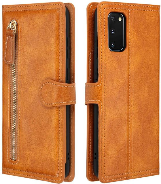 Samsung Galaxy S20 FE Leder Klapphülle mit Reißverschluss als Brieftasche in Braun - Bild 1