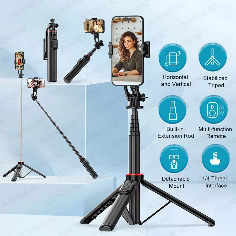 Axnen Smartphone Selfie Stick Stativ mit Bluetooth und 1/4 Zoll Anschluss für Android und iOS, Schwarz, C12/C13 - Bild 2
