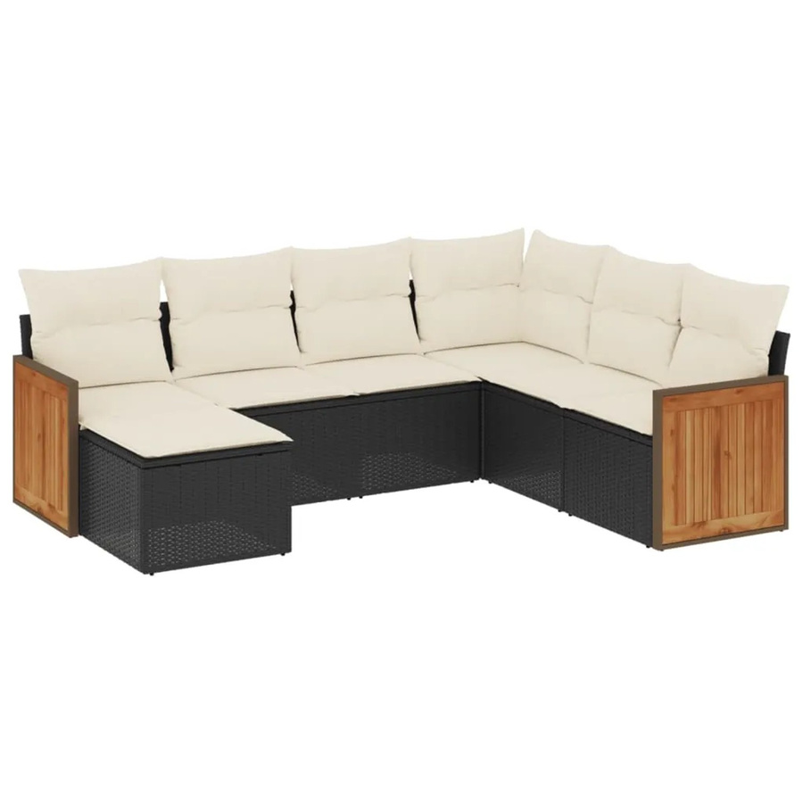 vidaXL 7-teilige Garten-Sofagarnitur aus Poly-Rattan und Akazienholz in Schwarz mit Kissen - Bild 2