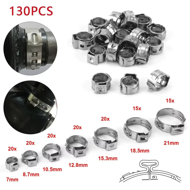 ZENHOSIT 130-teiliges Set Edelstahl-Einohr-Schlauchklemmen in Silber mit Zange und Quetschringen zur Sicherung von Rohren und Schläuchen - Bild 2