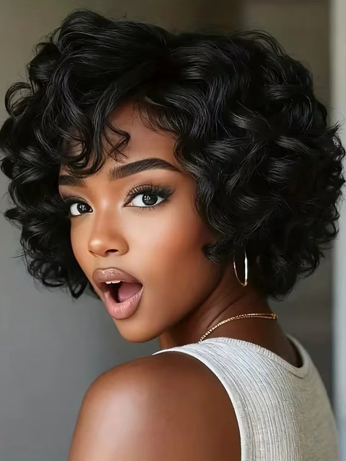 OYM HAIR Bob-Pixie-Perücke, Echthaar, schwarz, mit Pony, Damen - Bild 4