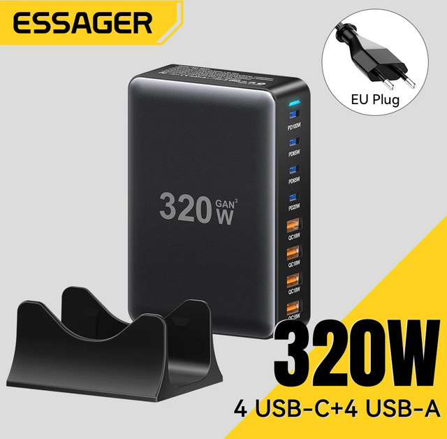 Essager 320W GaN Desktop Ladestation mit 8 USB Typ C Ports, PD 100W Schnellladegerät in Schwarz - Bild 1