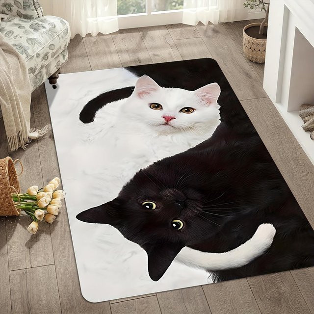 Rutschfester Teppich mit Katzenmuster von Lodestar in Weiß und Schwarz, B/T: 80 x 50 cm - Bild 1