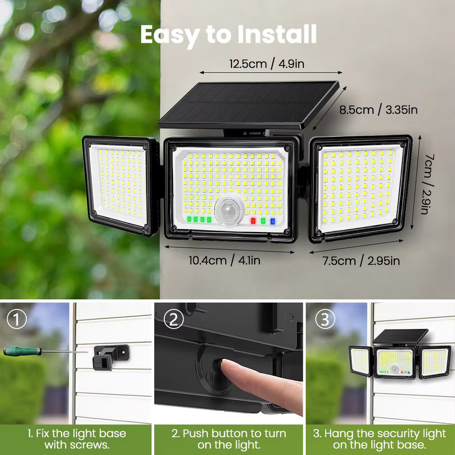 Solarbetriebene LED-Flutlichtleuchte mit 286 LEDs und Bewegungssensor, IP65 wasserdichte Sicherheitsleuchte für den Garten in Schwarz - Bild 2