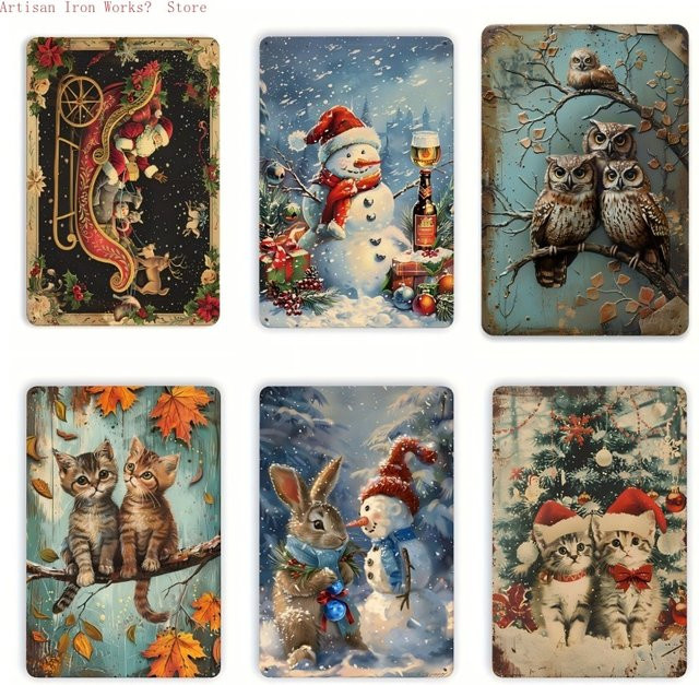 6-teiliges Vintage-Metallschild-Set von Potdemiel mit Weihnachtsmotiven in Mehrfarbig für Wanddekoration im Landhausstil - Bild 1