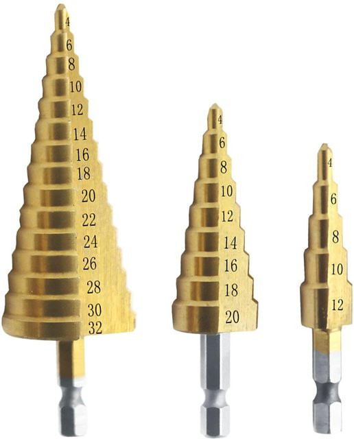 3-teiliges Kkmoon HSS-Stufenbohrer-Set aus Edelstahl, titanbeschichtet, Farbe Gold, Durchmesser: 4–12 mm, 4–20 mm und 4–32 mm - Bild 1