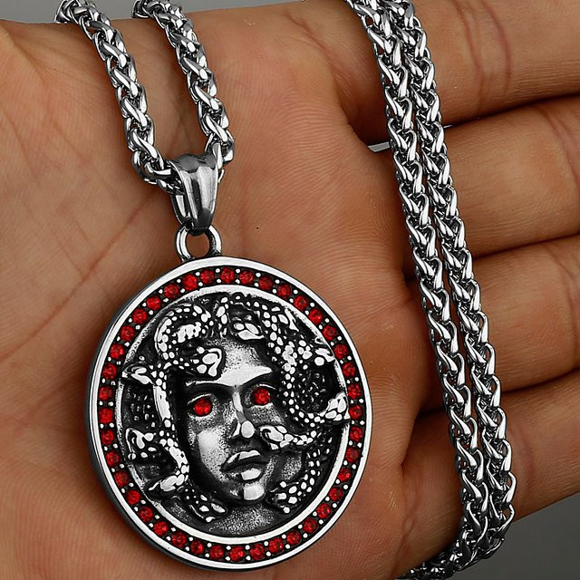 Halskette Medusa Anhänger, Edelstahl, Silber, Zirkonia, Unisex - Bild 1