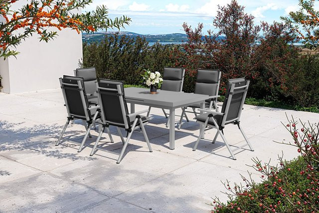 Kettler BasicPlus Pro Garten-Essgruppe aus Aluminium und Textilene in Silber/Anthrazit mit ausziehbarem Tisch, 6 Klappstühlen und wetterfesten Auflagen, B/T/H: 180 x 100 x 75 cm (ausziehbar auf 240 x 100 x 75 cm) - Bild 1