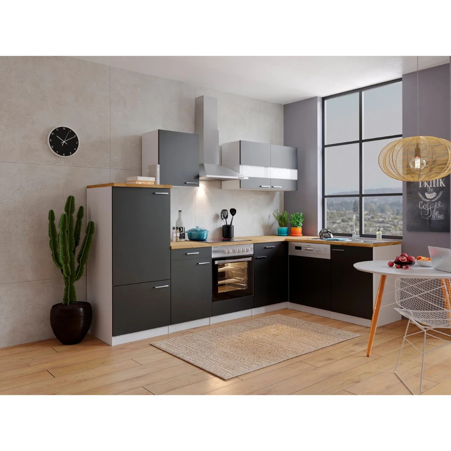 Respekta Winkelküche KBL280WSCG in Weiß und Schwarz mit Nussbaum-Holzoptik und Soft-Close-Funktion - Bild 2