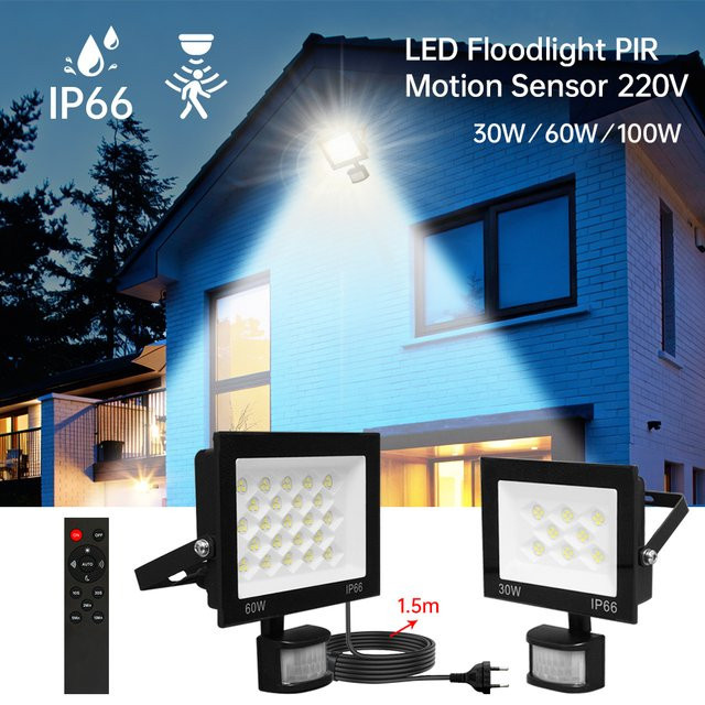Asign LED-Flutlicht mit PIR-Bewegungssensor und Fernbedienung, 30W-100W, 6500K Kaltweiß, IP66 wasserdichter Außenstrahler für Garten und Wand, Weiß - Bild 1