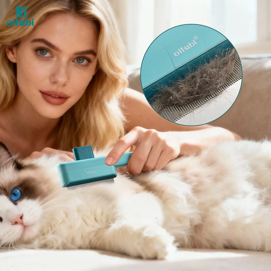 Oitabi Haustierkamm für Katzen und Hunde mit Entriegelungsknopf und runden Zähnen, selbstreinigende Pflegebürste, Farbe: Turquoise, B/T/H: 19,0 x 7,0 x 0 cm - Bild 3