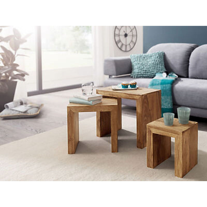 Wohnling Beistelltisch 3er-Set aus Akazie in Braun und Beige mit Holzmaserung - Bild 4