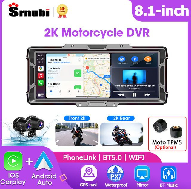 Srnubi 8,1 Zoll Motorrad DVR mit 2K Vorder- und Rückkamera, Navigation GPS, Wireless Carplay, Android Auto und TPMS Sensor, Schwarz - Bild 1
