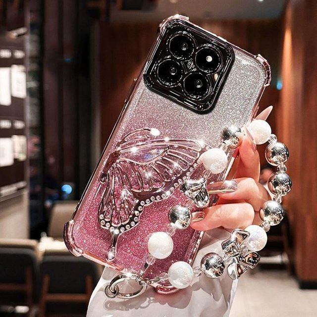 Stoßfeste Glitzer Schmetterling Handyhülle mit Armband für Xiaomi Redmi 15 15C 14C 13X 13C POCO C85 C75 X7 F7 Note 14 Pro in Rosa - Bild 1