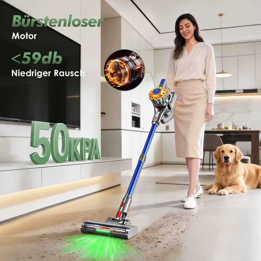 Adormii Kabelloser Staubsauger in Blau mit 50KPA Saugkraft, 2200mAh Akku, 60 Minuten Laufzeit und 1,6l Staubbehälter für Teppich, Boden und Tierhaare - Bild 2