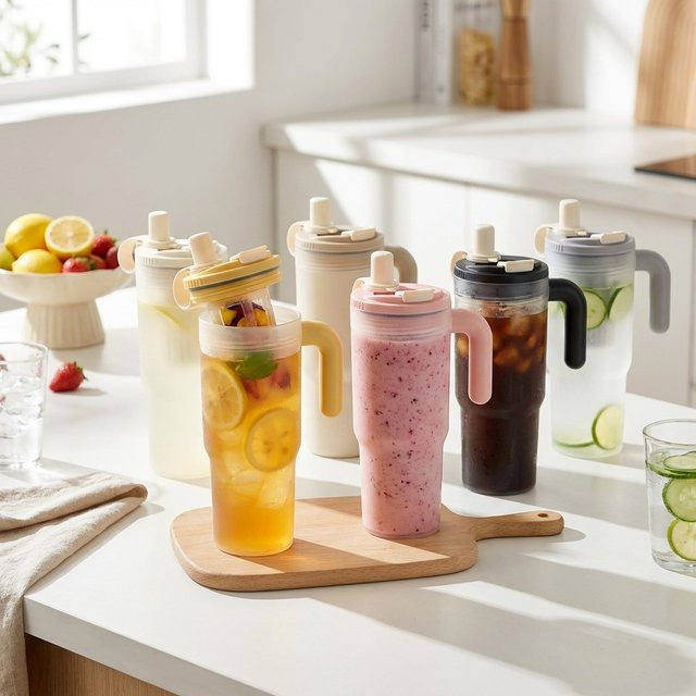 WORTHBUY Sportlicher Tumbler mit Strohhalm und Griff, Beige, 850 ml - Bild 1