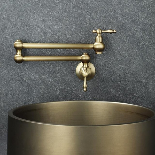 Quyanre Küchenwasserhahn Wandmontiert aus Messing in Gebürstetes Gold mit drehbarem Klappauslauf - Bild 1