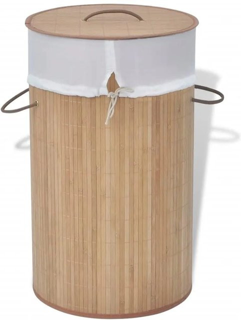 vidaXL Bambus-Wäschekorb Rund in Beige und Braun mit herausnehmbarem Stoffbeutel und Griffen - Bild 1