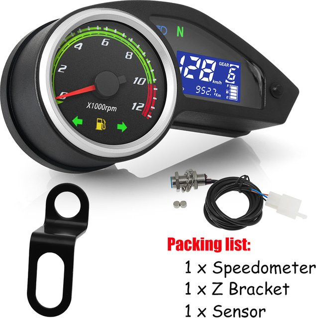 MAIMEIMI Universal Motorrad Digital Tachometer mit LCD-Display in Grün und Schwarz, 12V LCD-Computer-Geschwindigkeitsmesser mit Alarm-Signallichtern und 12000rpm Sensor für Honda - Bild 1