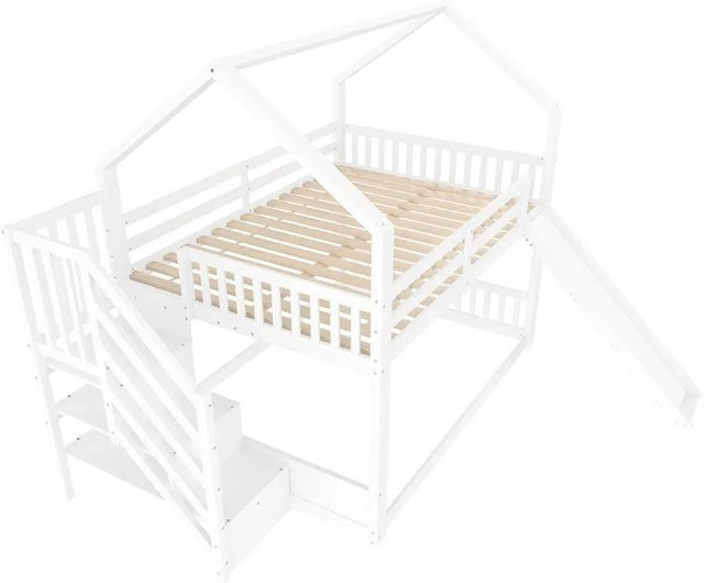 KOMHTOM Kinder-Kabinenbett Etagenbett aus Kiefernholz und MDF mit Treppe, Rutsche und Stauraum, Farbe: Weiß, B/T/H: 140 x 200 x 201 cm - Bild 1