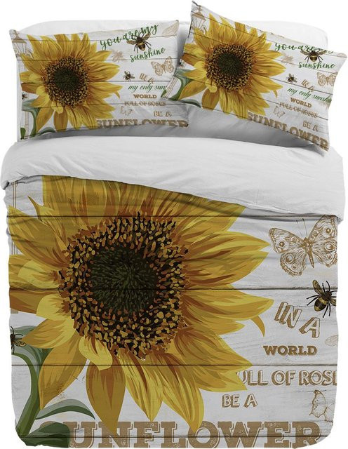 3-teiliges Bettbezug Set Your Warm Home mit Sonnenblumen, Bienen und Schmetterlingen im Holzbrett Design, Multicolor, B/H: 135 x 200 cm - Bild 1