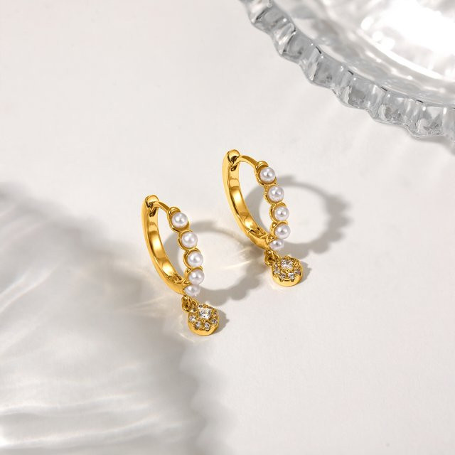 amofa Ohrringe, Goldene Imitation Perle, Zirkon Anhänger, Damen - Bild 1