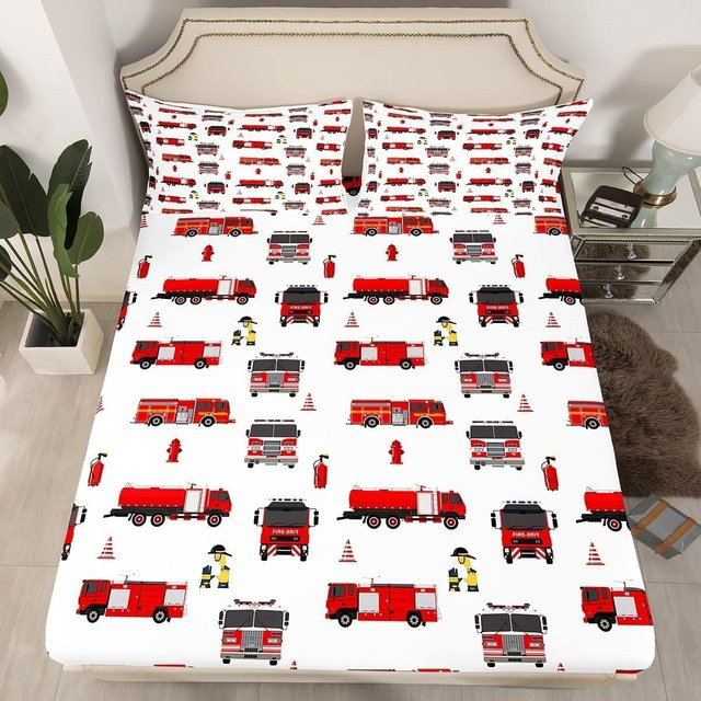 Binchi Fitness Bettwäscheset Feuerwehrauto Cartoon Design für Kinder, Microfaser Bettwäsche mit Bettdecke und Spannbettlaken, B/T: 120 x 200 cm - Bild 1