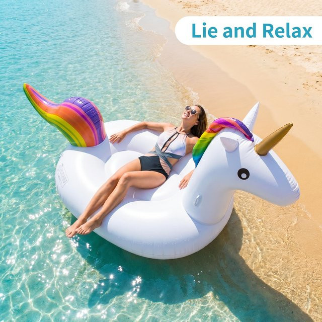 Aufblasbares Einhorn-Pool-Float von Inflatable Kingdom in Weiß aus verdicktem PVC, Wasserliege für Jugendliche und Erwachsene, B/L: 290 x 140 cm - Bild 1