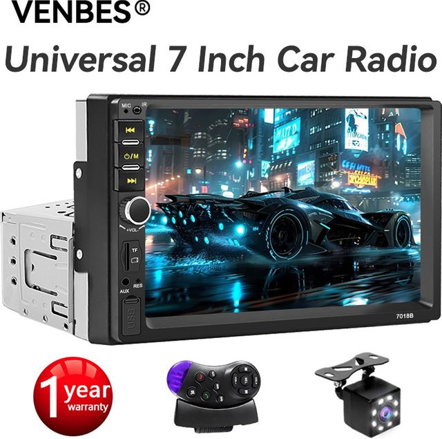 VENBES Autoradio 1 DIN Universal MP5 Player mit 7 Zoll Touchscreen, Mirrorlink, Bluetooth 5.0, USB und CVBS Kamera, Schwarz - Bild 1