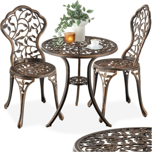 tectake Aluminium Bistroset Lyon für 2 Personen im Vintage-Design mit Blatt-Ornamenten, Schwarz-Grau, B/T/H: 61 x 61 x 65 cm - Bild 1