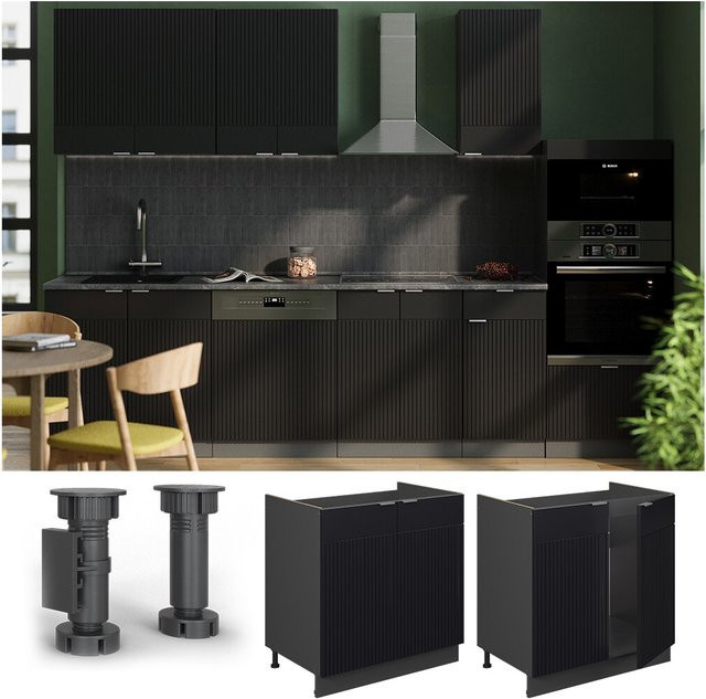 Vicco Spülenunterschrank Fame-Line in Anthrazit und Schwarz gestreift mit Arbeitsplatte in Eiche, Breite: 80 cm - Bild 1