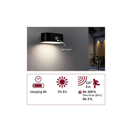 Paulmann Ayda Solar-Wandleuchte mit Bewegungsmelder, LED, Warmweiß, Schwarz, B/H/T: 18 x 6 x 18 cm - Bild 2