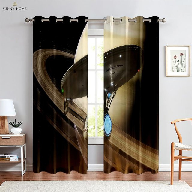 Sternenhimmelvorhänge mit Planetenmuster in Schwarz, 2er-Set mit Ösen, B: 50 cm, H: 140 cm - Bild 1