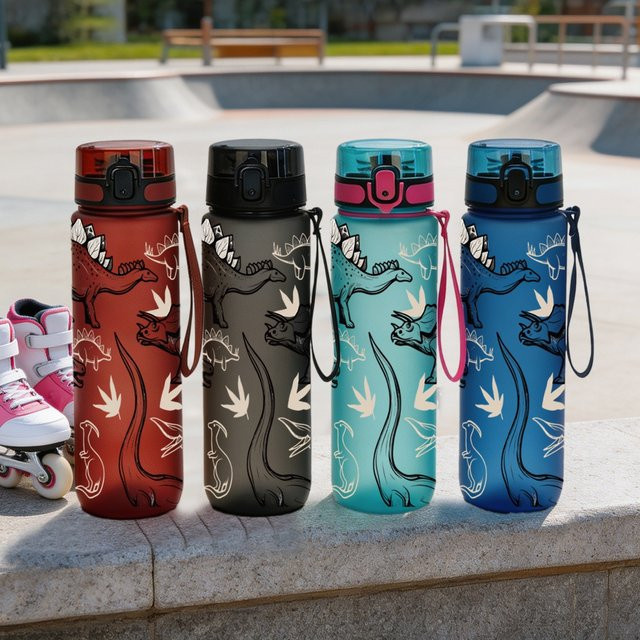Auslaufsichere Kinder-Wasserflasche mit Dinosaurier-Aufdruck in Rot, 750 ml tragbarer Sportbecher mit Klappdeckel für Schule und Outdoor - Bild 1