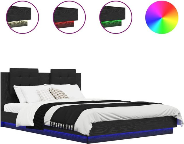 vidaXL Bettgestell mit Kopfteil in Schwarz Eichen-Optik mit USB-Ladeport und Unterbettbeleuchtung, B/T/H: 120 x 200 x 103,5 cm - Bild 1