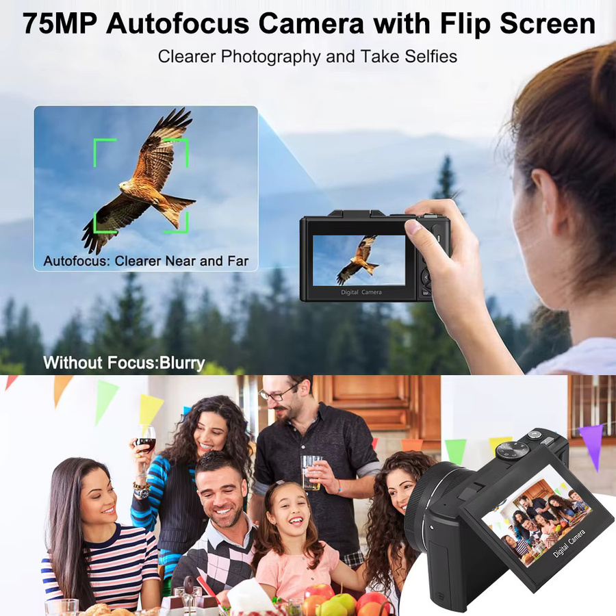 Ourlife 5K Kompakte Digitalkamera mit 18-fachem Digitalzoom und 180 Grad Flip-Screen für Vlogs und Reisen in Schwarz oder Weiß - Bild 5