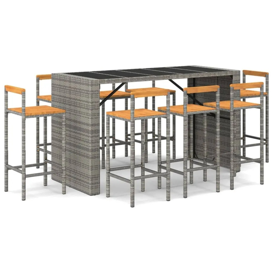 vidaXL 7-tlg Gartenbar-Set Modell 4 in Grau aus Poly Rattan, Akazienholz und Stahl mit Hartglas-Tischplatte - Bild 2