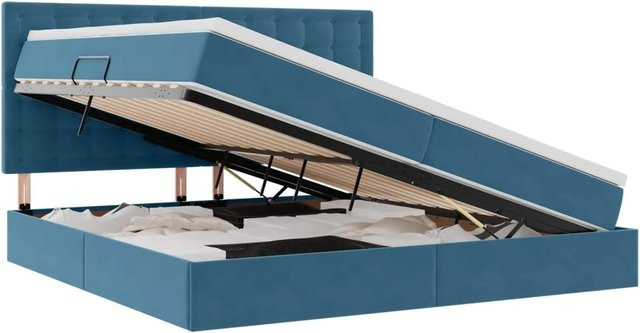 vidaXL Bett mit Stauraum und LED in Dunkelblau aus Samt, B/T: 200 x 200 cm - Bild 1