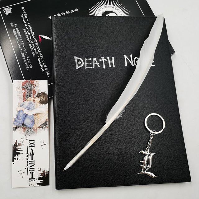 Anime Death Note Set mit schwarzem Leder-Notizbuch, Federkugelschreiber und Halskette in Silber und Schwarz - Bild 1
