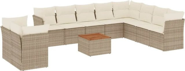 vidaXL 11-teilige Garten-Sofagarnitur aus Polyrattan und Akazienholz in Beige mit Kissen und Gartentisch - Bild 1