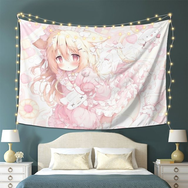 VIKAMA Anime-Katzenmädchen Wandteppich in Pink als dekoratives Hängetuch für dein Schlafzimmer oder Wohnzimmer, B/H: 60 x 40 cm - Bild 1