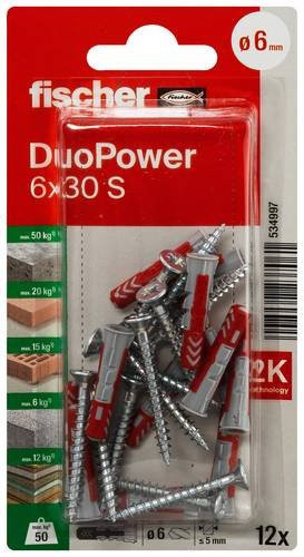Fischer DuoPower Dübelset aus Nylon in Grau und Rot, 12 Stück mit Schrauben, Durchmesser: 6 mm, Länge: 30 mm - Bild 1