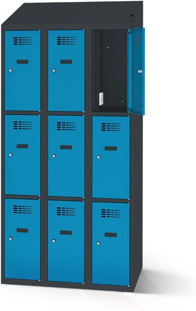 rotstahl Fächerschrank mit Ladefunktion und 9 Fächern in Blau mit anthrazitgrauem Korpus, B: 90 cm, H: 200 cm - Bild 1